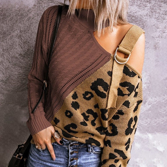 Women Turtleneck Sexy Off Shoulder Leopard Sweater