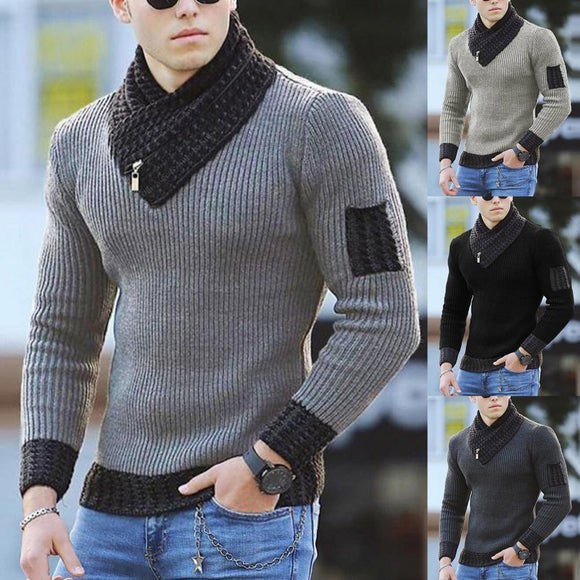 New Men's Casual Knitted Scarf Collar Sweater