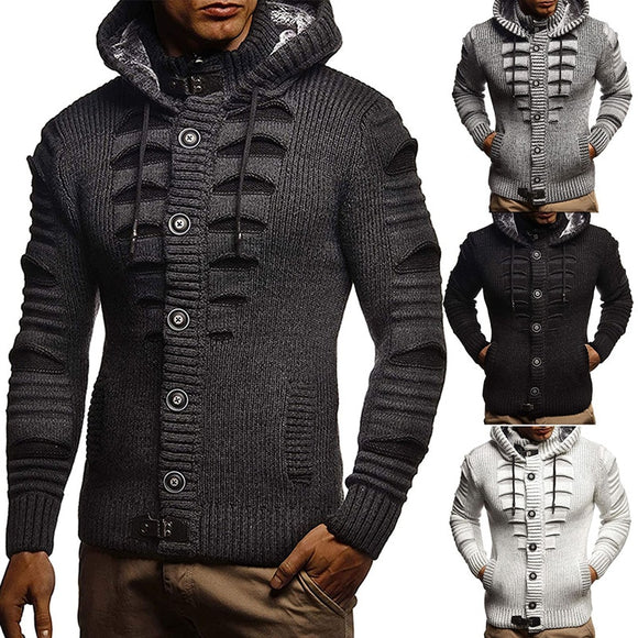 Men Knitted Hooded Buttons Sweater