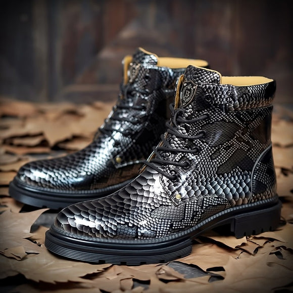 Snake Pattern Leather Men Boots