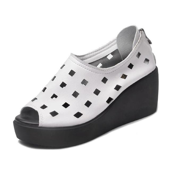 Hollow Leather Wedges Women Sandal