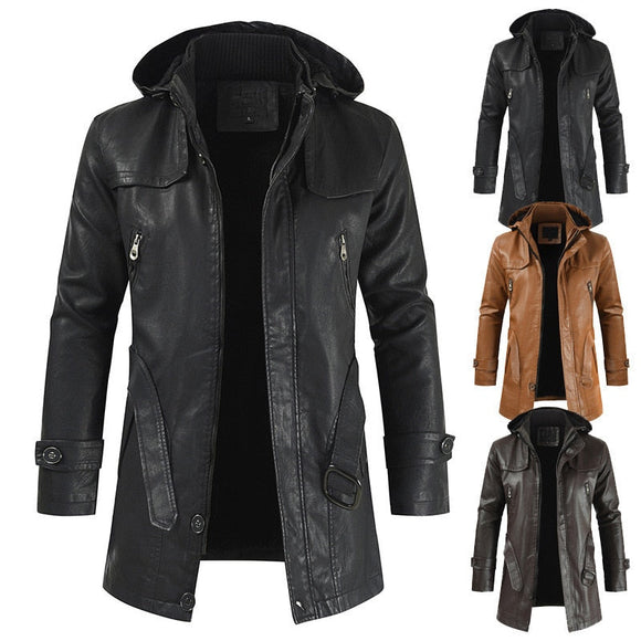 Men Casual Fashion Hooded Slim-fitting Leather Jacket