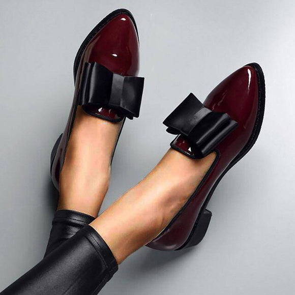Fashion Women Patent Leather Bowtie Loafers