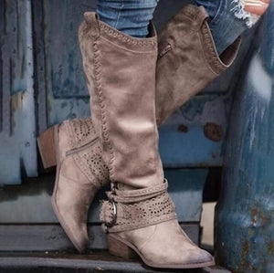 Women Retro Hollow Out Tall Tube Leather Boots