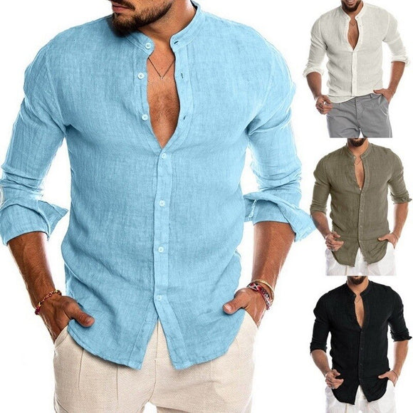 Solid Mens Linen Long Sleeve Shirt 5XL
