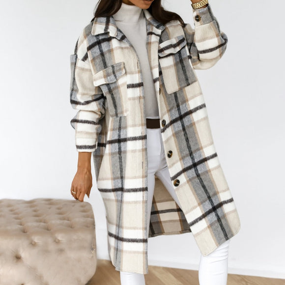 Women Checked Warm Woolen Blends Overcoat